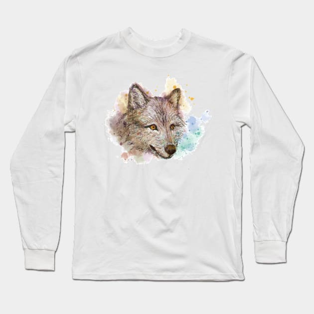 Wolf Head WAtercolor Long Sleeve T-Shirt by Mako Design 